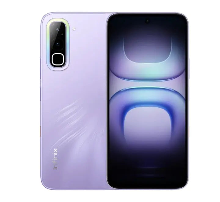 Infinix HOT 70 128GB in Quiet Violet edition displaying pastel back panel and front camera cut-out.