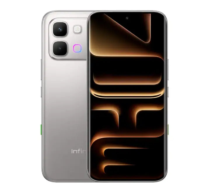 Infinix Note Edge 5G smartphone in Titanium color, showcasing its ultra-slim 7.2mm metallic profile and 3D curved display.
