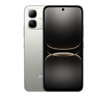 Infinix Smart 20 smartphone in Polaris Titanium color showing the slim 7.7mm profile and dynamic bar display layout.