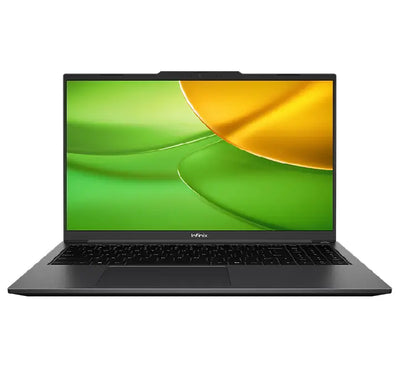 Front view of Infinix XBook B15 laptop in Silver showcasing the 15.6 inch Full HD narrow bezel display and Windows 11 environment.