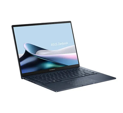 Close-up of the ASUS Zenbook 14 OLED UX3405CA highlighting the Intel Core Ultra 9 285H AI-powered processor performance.