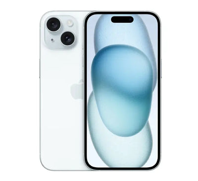 Light blue iPhone 15 dual SIM variant highlighting dynamic island display and ceramic shield front.