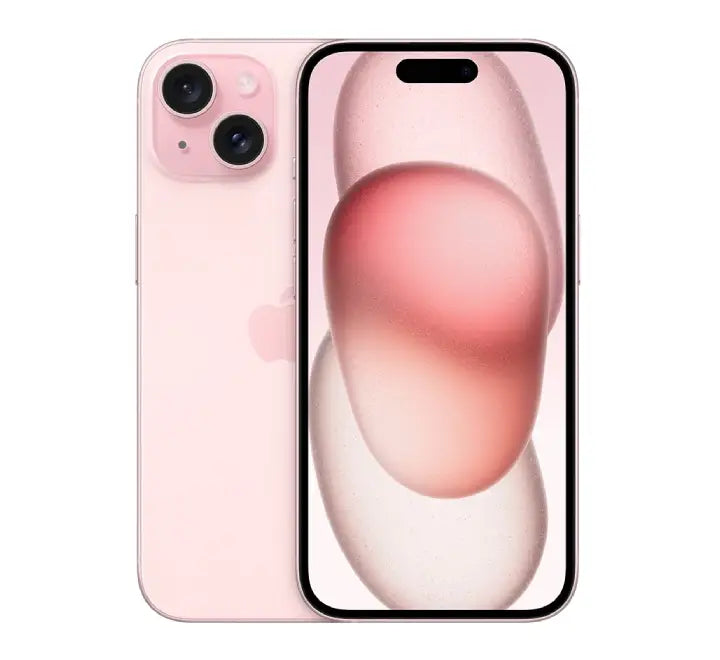 Front and back view of the Apple iPhone 15 eSIM and Physical SIM dual SIM phone in pastel pink.
