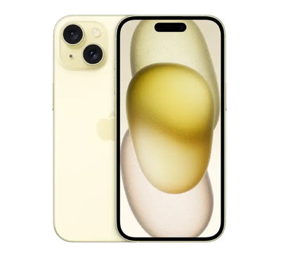 Apple iPhone 15 dual SIM smartphone in bright yellow showcasing color-infused matte glass back.