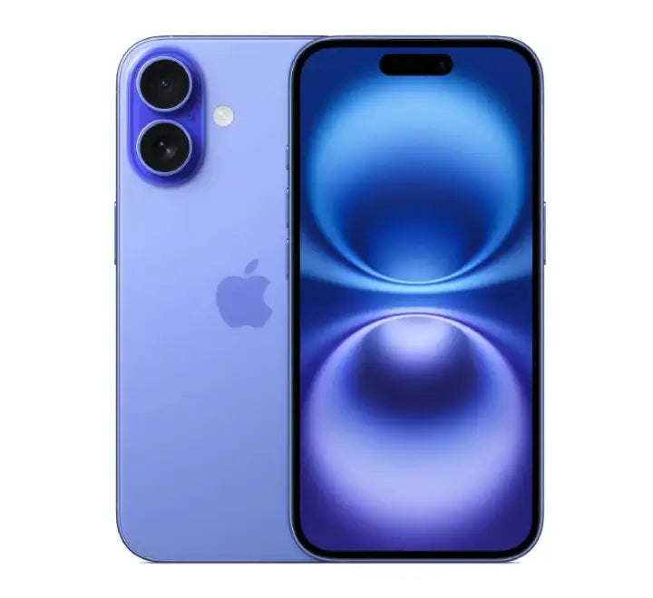 Front and back view of the iPhone 16 eSIM and physical SIM model in Ultramarine blue showing the dual camera setup and Ceramic Shield glass.