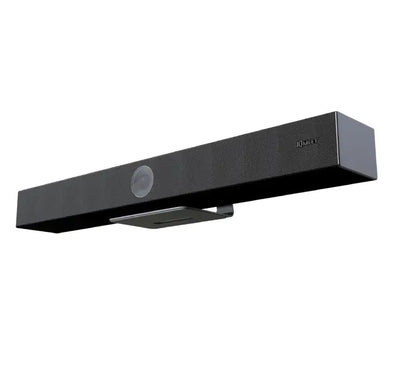 IQBoard JoinOne HY200 4K AI video conference bar showing front camera lens, microphone array, and speakers on a light background.