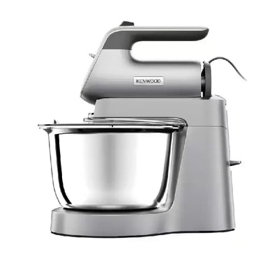 Kenwood Chefette Combi HMP54.000SI 2-in-1 stand mixer in premium silver with its 3.5-liter auto-rotating stainless steel bowl and attached hand mixer unit.