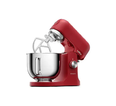 Kenwood kMix red kitchen machine opened showing planetary mixing tools attachment head.