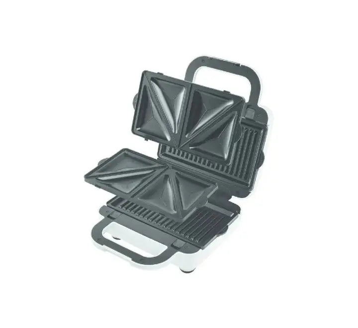 Kenwood 3-in-1 multi-snacker open showing interchangeable non-stick sandwich, waffle, and grill plates.