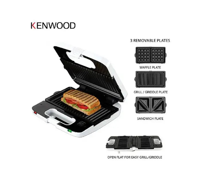 Official retail box packaging for the Kenwood 3-in-1 Waffle Grill and Sandwich Maker SMP84.C0WH.