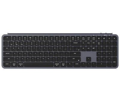 Full-size view of the Keychron B6 Pro ultra-slim wireless keyboard in space gray layout.  