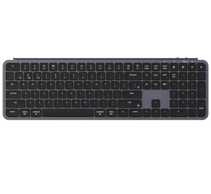 Full-size view of the Keychron B6 Pro ultra-slim wireless keyboard in space gray layout.  
