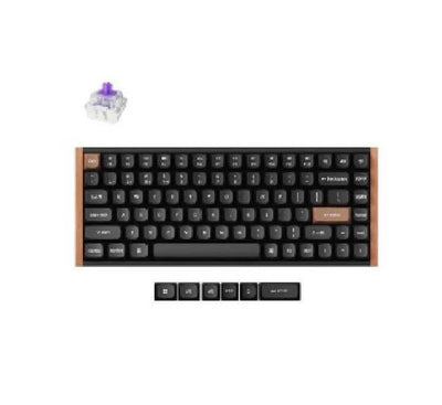 Top-down angled view of the Keychron K2HE wireless magnetic switch keyboard featuring its black wood frame.