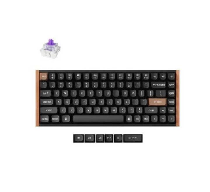 Top-down angled view of the Keychron K2HE wireless magnetic switch keyboard featuring its black wood frame.
