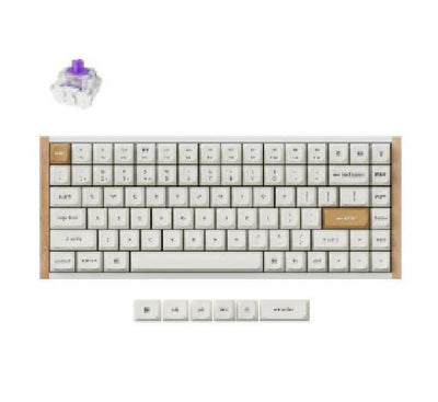 Top angled view of the Keychron K2HE wireless magnetic switch keyboard featuring its white wood frame.