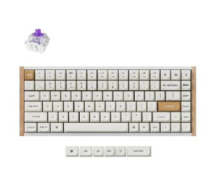 Top angled view of the Keychron K2HE wireless magnetic switch keyboard featuring its white wood frame.