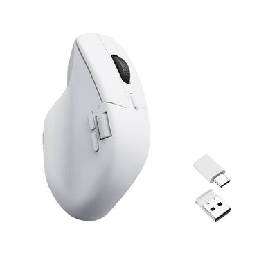 Side profile of the white Keychron M6 wireless mouse displaying its functional thumb wheel for horizontal navigation.