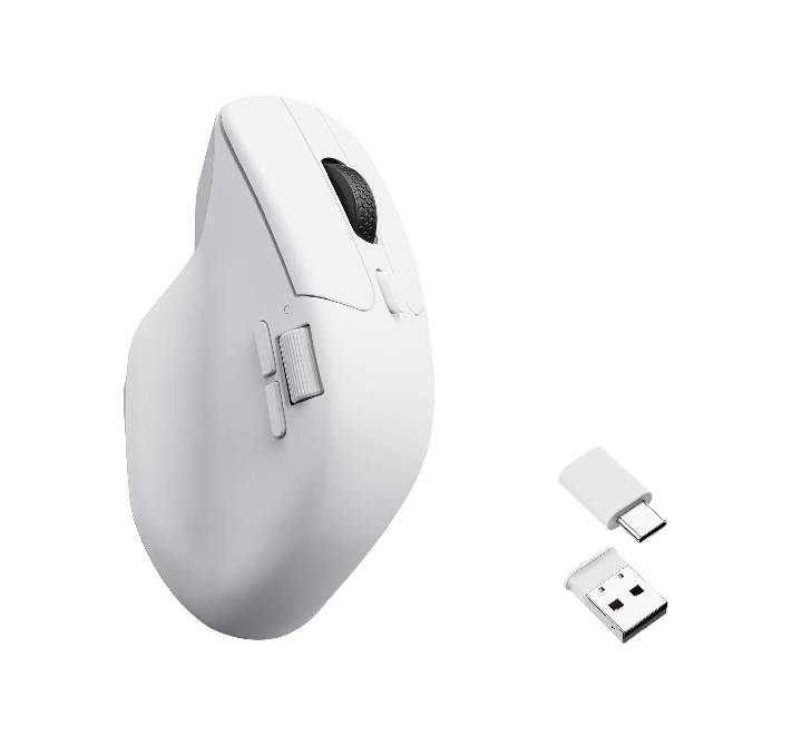Side profile of the white Keychron M6 wireless mouse displaying its functional thumb wheel for horizontal navigation.
