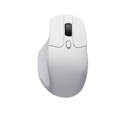 Keychron M6 wireless mouse in white shown from an ergonomic angle view, highlighting its thumb wheel and sculpted shape.