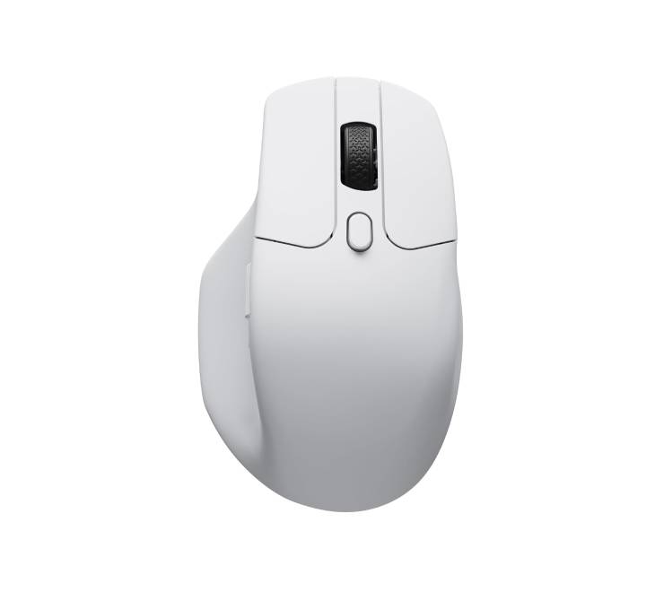 Keychron M6 wireless mouse in white shown from an ergonomic angle view, highlighting its thumb wheel and sculpted shape.