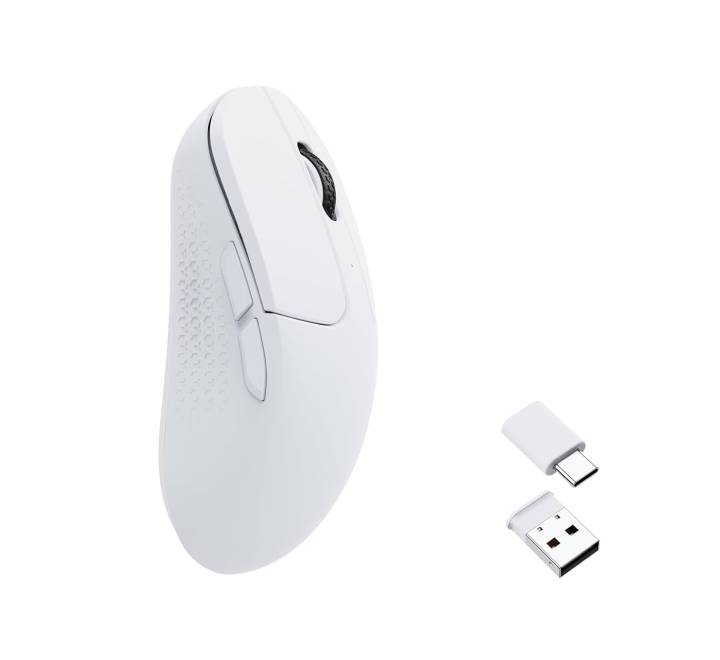 Side profile of the Keychron M7 white mouse highlighting the thumb rest and ergonomic curve