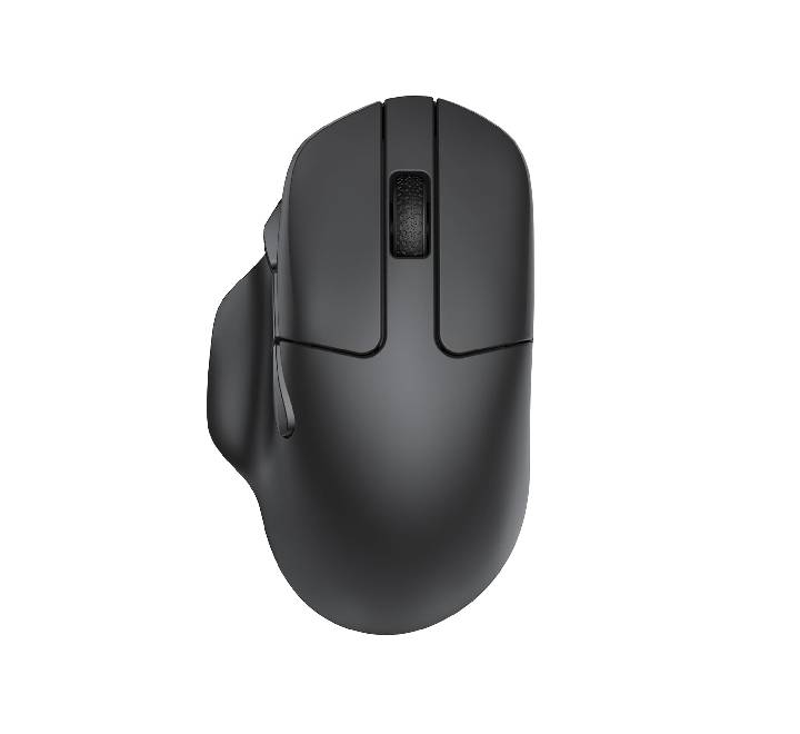 Keychron M7 wireless mouse in black shown from an ergonomic angle view, highlighting its comfortable contoured shape.