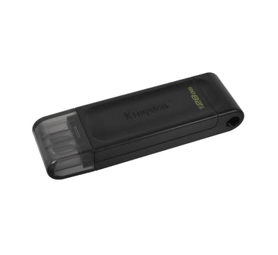 Kingston DT70 128GB USB-C flash drive plugged into a modern laptop port