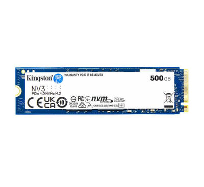 Official retail packaging layout for the Kingston NV3 500GB PCIe 4.0 NVMe M.2 solid state drive showing read speed statistics.