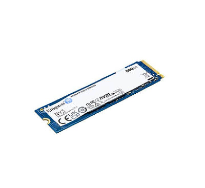 Top view of Kingston NV3 500GB M.2 2280 internal solid state drive revealing product key tags, circuit structures, and standard connection pins.