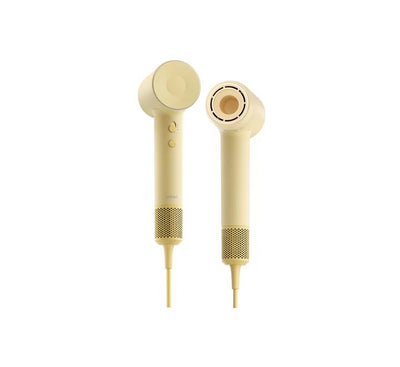 Close up of 3 color LED temperature ring on the back of yellow Laifen SE 2 hair dryer