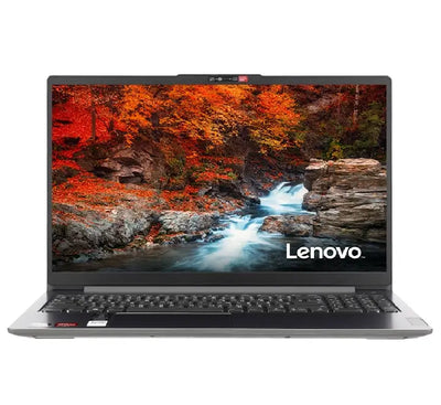 Lenovo IdeaPad Slim 3 15AMN8 laptop in Arctic Grey shown open from the front, highlighting its slim bezels and thin chassis design.
