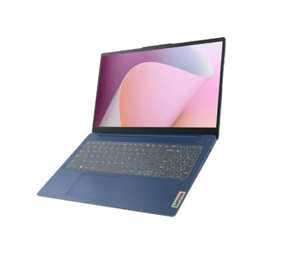 Close-up view of the full-size keyboard, touchpad, and top bezel webcam with its physical privacy shutter on the Lenovo IdeaPad Slim 3.