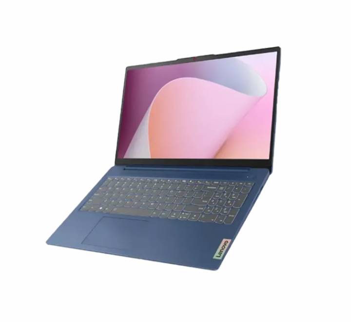 Close-up view of the full-size keyboard, touchpad, and top bezel webcam with its physical privacy shutter on the Lenovo IdeaPad Slim 3.