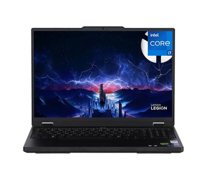 Angled front view of the open Lenovo Legion 5 15IRX10-83LY00HGTA gaming laptop in Eclipse Black, displaying a colorful game on its 15.3-inch 165Hz screen.