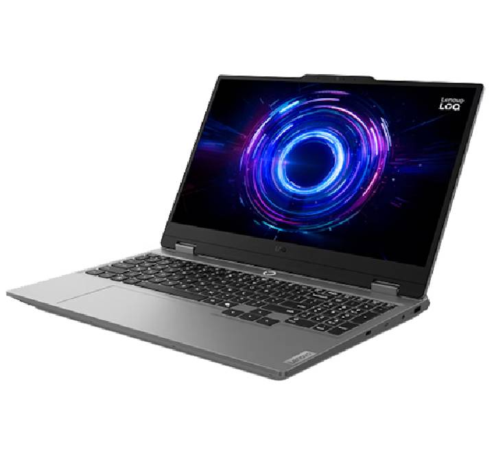 Close-up view of the rear frame of the Lenovo LOQ 15-inch laptop, highlighting the signature hyperchamber cooling vents, HDMI 2.1, and power ports.