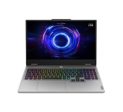 Lenovo LOQ 15IRX10 83JE00MGTA gaming laptop open in Luna Grey showing its 15.6-inch 144Hz display and 24-Zone RGB keyboard.