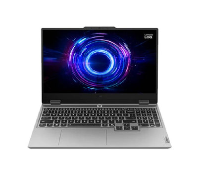Three-quarter view of the Lenovo LOQ 15IRX10 gaming laptop in Luna Grey, showing its open 15.6-inch 144Hz screen and illuminated backlit keyboard.