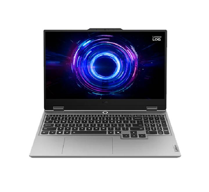 Three-quarter view of the Lenovo LOQ 15IRX10 gaming laptop in Luna Grey, showing its open 15.6-inch 144Hz screen and illuminated backlit keyboard.