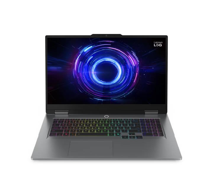 Lenovo LOQ 17IRX10 83JH00CPTA gaming laptop open in Luna Grey showing its expansive 17.3-inch 165Hz screen and 24-Zone RGB keyboard.