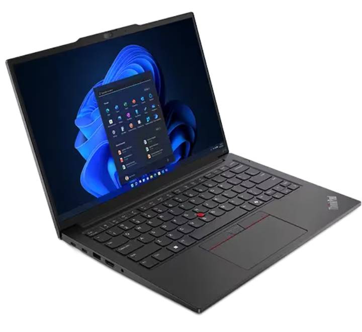 Side profile view showcasing the ultra-thin design and lightweight 1.34 kg form factor of the Lenovo ThinkPad E14 Gen 7 laptop.