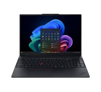 Lenovo ThinkPad E16 Gen 4 business laptop in Eclipse Black viewed from the front with open lid.