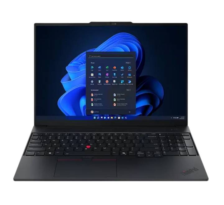 Lenovo ThinkPad E16 Gen 3 business laptop open at an angle showing its 16-inch WUXGA display and iconic keyboard
