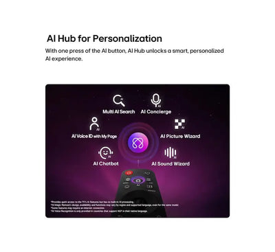The 2026 webOS home screen on the LG 43NU855BPSA Smart TV featuring the AI Hub dashboard with integrated Google Gemini and Microsoft Copilot personalized recommendations.