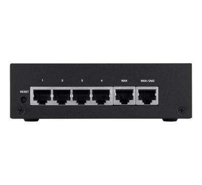 Rear panel close-up of the Linksys LRT224-AP business router, highlighting the 4 Gigabit LAN ports, 1 dedicated WAN port, and 1 flexible WAN/DMZ port.