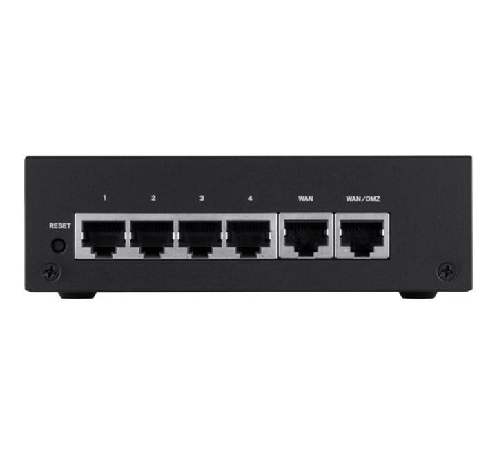 Rear panel close-up of the Linksys LRT224-AP business router, highlighting the 4 Gigabit LAN ports, 1 dedicated WAN port, and 1 flexible WAN/DMZ port.