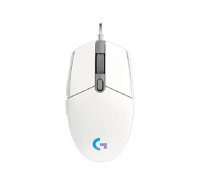 Logitech G102 Gen2 LIGHTSYNC Gaming Mouse in White shown from a top-down angle highlighting its 6-button layout.