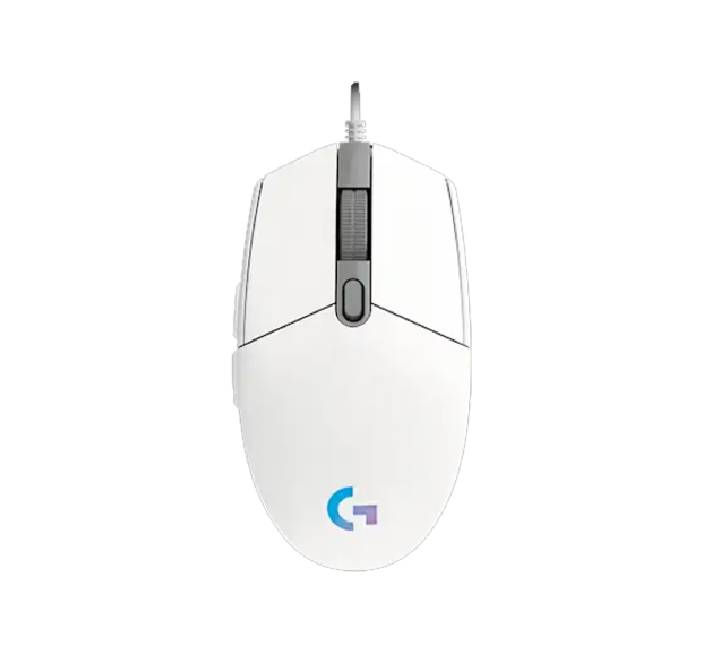 Logitech G102 Gen2 LIGHTSYNC Gaming Mouse in White shown from a top-down angle highlighting its 6-button layout.