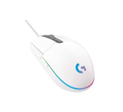 Logitech G102 Gen2 White gaming mouse displaying vibrant LIGHTSYNC RGB illumination.