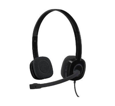 Close-up of the Logitech H151 headset showing the in-line volume and mute controls along with the universal 3.5mm audio connector.