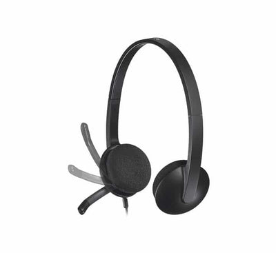 Side profile of Logitech H340 headset showing the slim adjustable headband and flexible boom microphone.